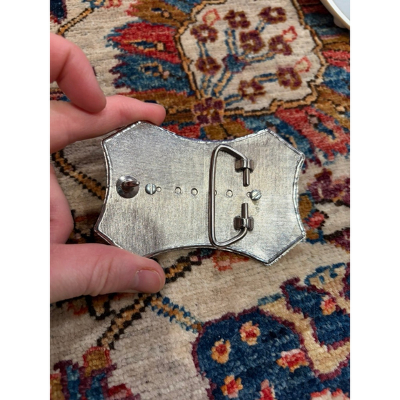 Vintage Western Banded Agate Belt Buckle Silver Tone Engraved Statement - Picture 5 of 5